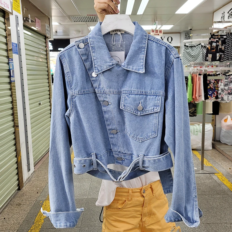 Женская джинсовая куртка с длинным рукавом Короткая синяя в Корейском стиле