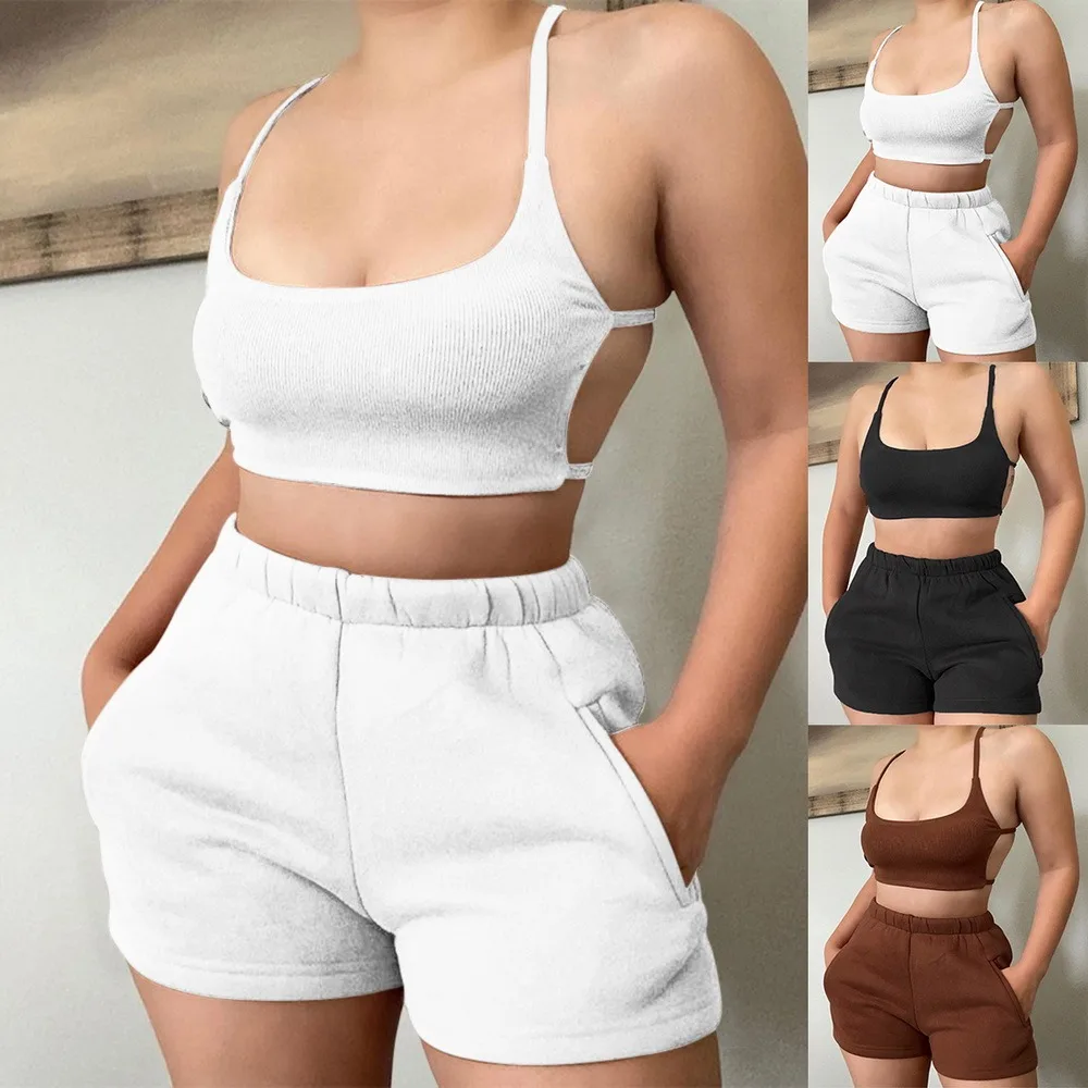 

Solid Casual Two Piece Sets Women Backless Sleeveless Top And Side Pockets Shorts Matching Set Summer Athleisure Outfits