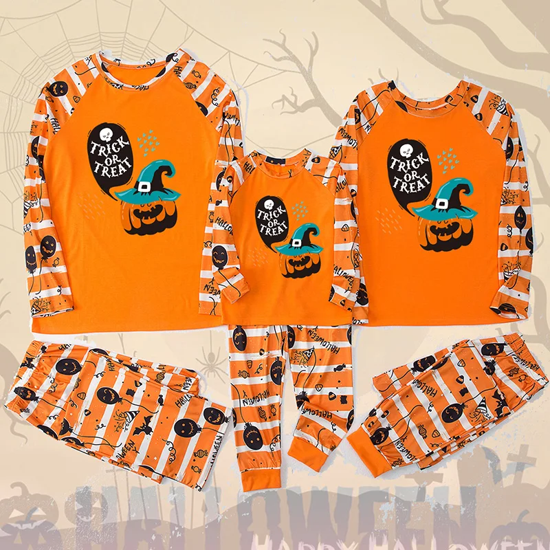 

Halloween Clothes Fashion Printed Orange Pumpkin Letter Family Matching Pajamas Aldult Kids Homewear Suit Family Look
