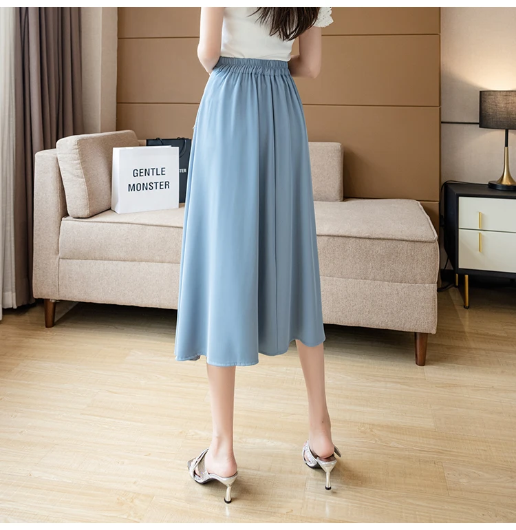

Summer Silk Midi Skirts Womens Korean England Style Satin Office Lady Simple Solid Elegant Faldas Mujer Moda Long Skirts Womens