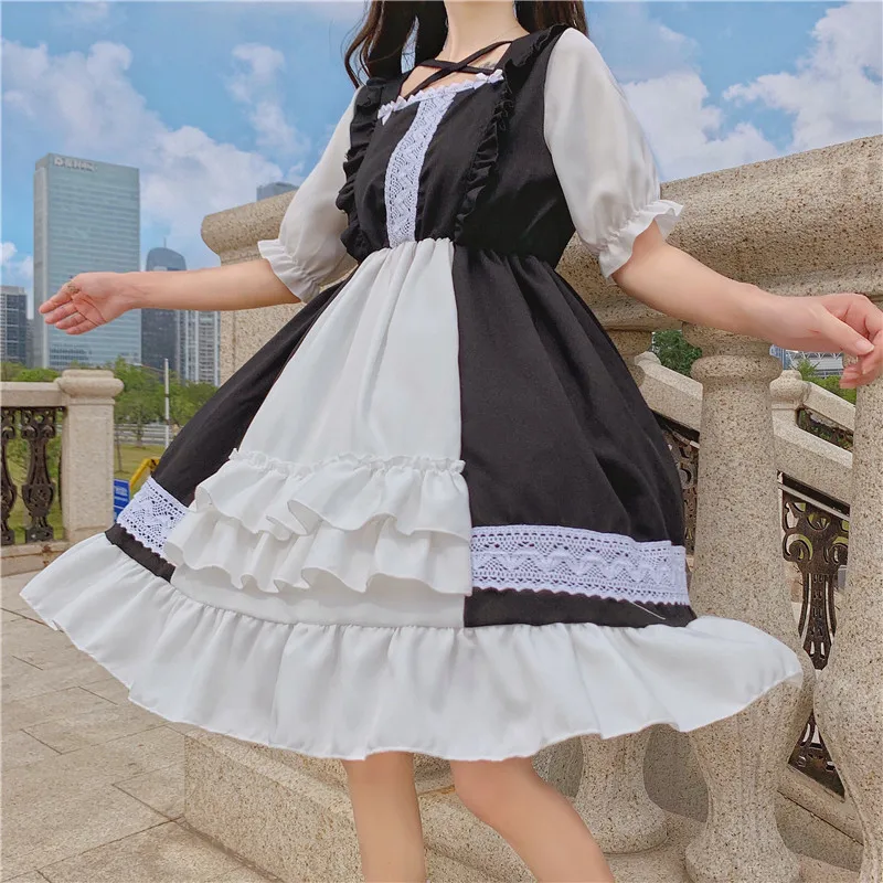 

Kawaii Lolita dress Summer Square Collar Short Lolita Dresses Halloween Gothic Bow Women's clothing