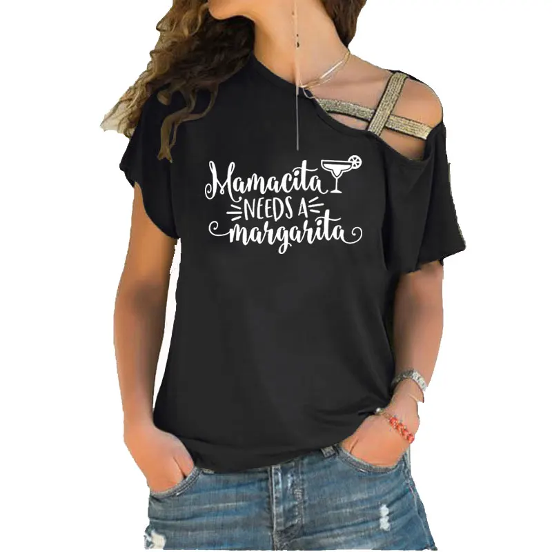 

Mamacita Needs A Margarita Funny T Shirt Women Summer Cotton Women Short Sleeve Camisetas Irregular Skew Cross Bandage tee tops