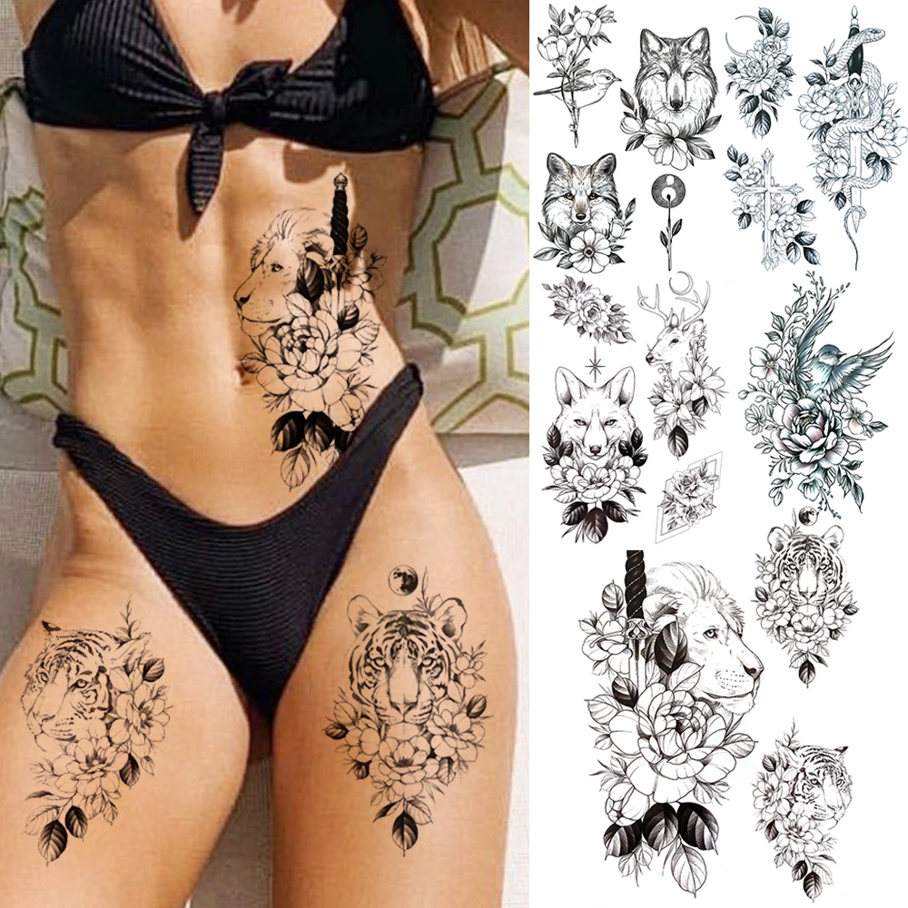 

Black Lion Dahlia Temporary Tattoos For Women Adult Realistic Tiger Wolf Reindeer Snake Bird Fake Tattoo Sticker Washable Tatoos