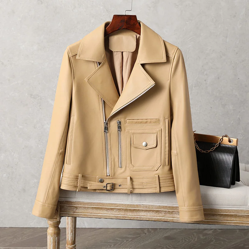 

SHZQ, мотоциклетная кожаная куртка из овечьей кожи, осень 2020, новая облегающая модная кожаная куртка, женская короткая тонкая куртка