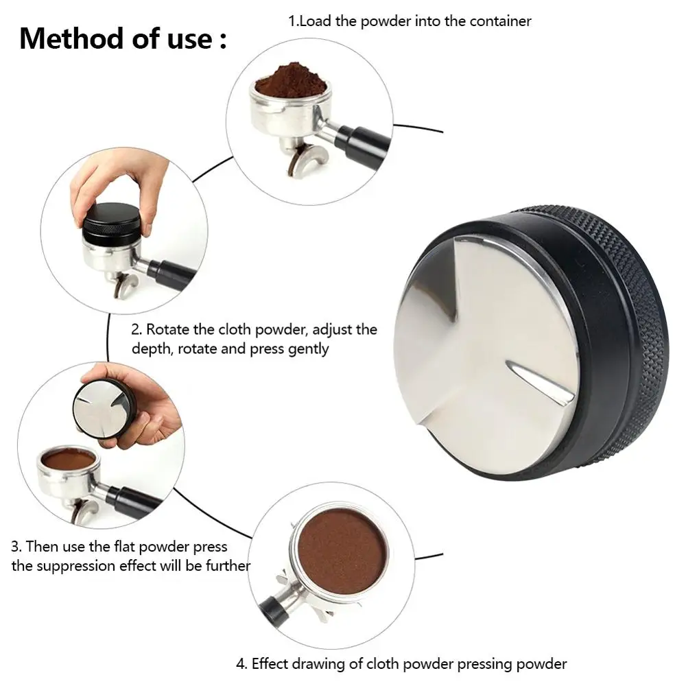 

Macaron Convex Four Angled Slopes Base Trefoil 51/53mm Adjustable 304 Stainless Steel Coffee Espresso Tamper Distribution Tool