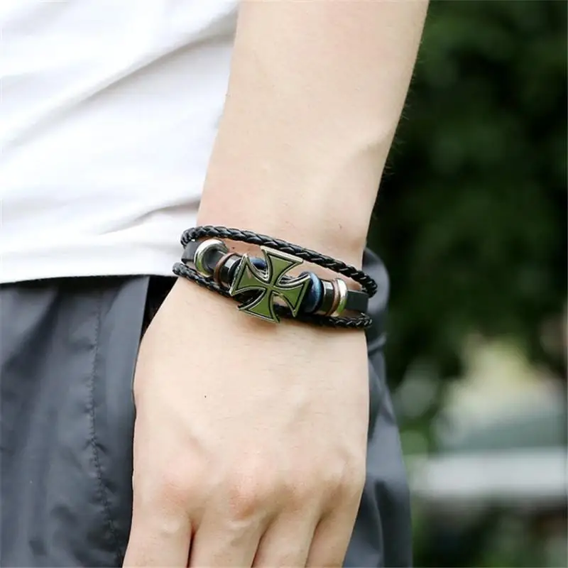 Мужской кожаный браслет с крестом черный винтажная обертка шарм натуральная