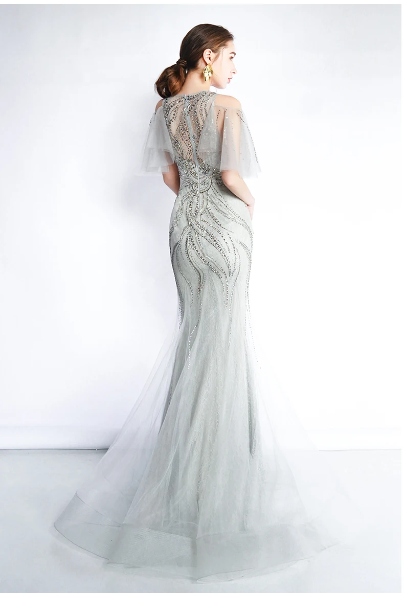 vestido de festa серые Выпускные платья длинное платье круглый вырез короткий рукав вечерние платья Женская официальная Хрустальная Русалочка платья для выпускного вечера