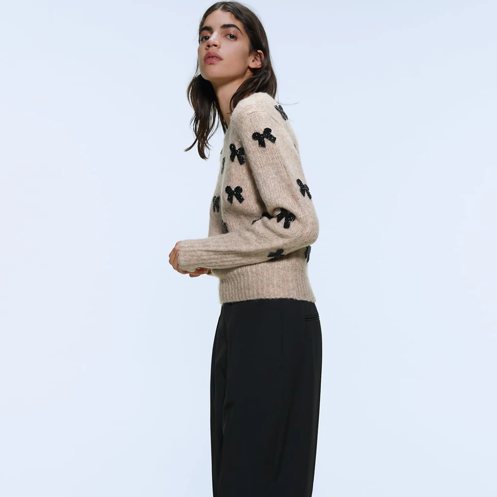 ZA 2019 вязаный свитер с бантиком осенний и зимний женский пуловер длинными