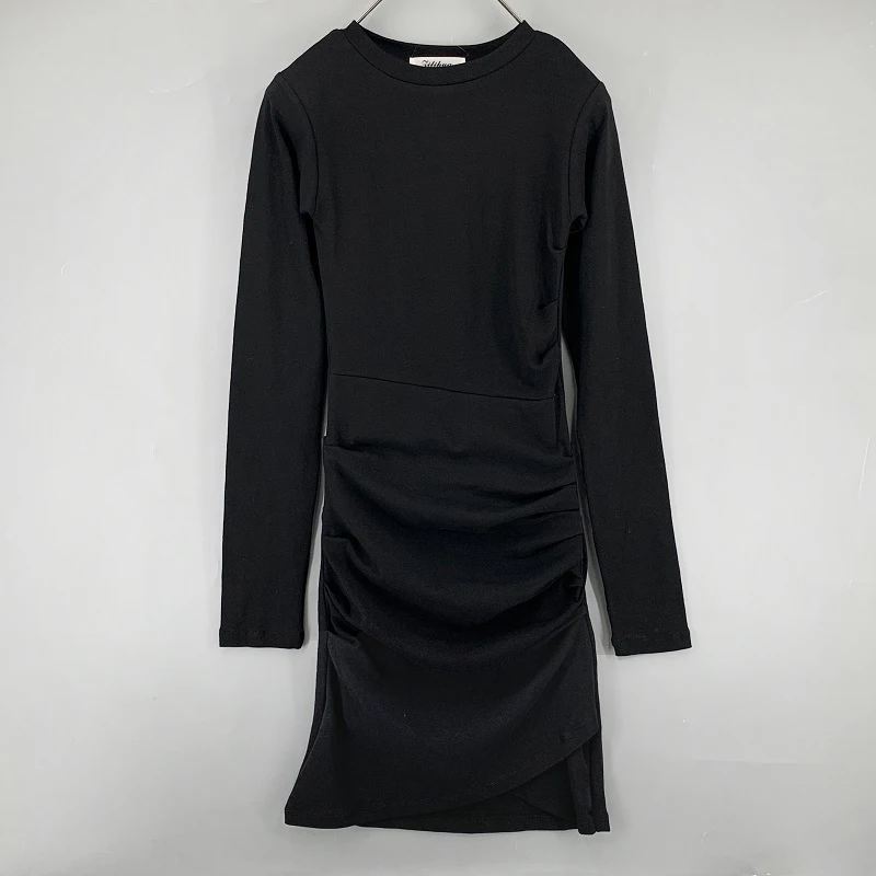 

Zoki Women Solid O-Neck Long Sleeve Mini Dresses Side Drawstring Ruched Bodycon Casual Spring Autumn Korean Sexy Dresses Women