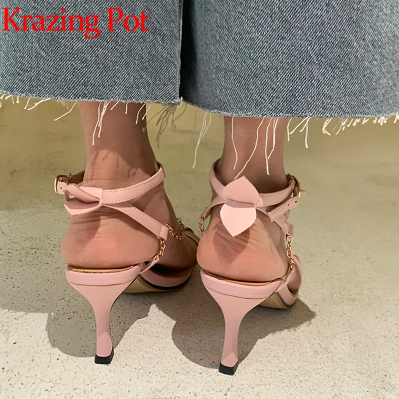 

Krazing pot genuine leather open peep toe thin high heels european string bead gladiator buckle straps sandals brand shoes L39