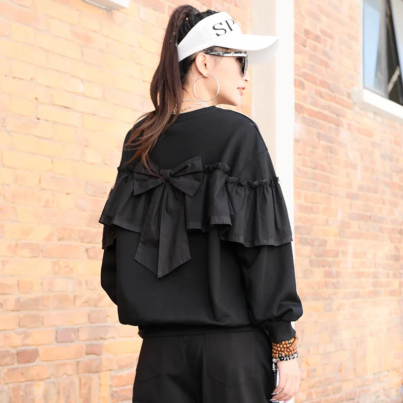 

2021 Spring New Fashion Brand Women's Long Sleeve Hoodies Female Black Thin Ruffle Stitching Tops And Tees Streetwear Pullovers