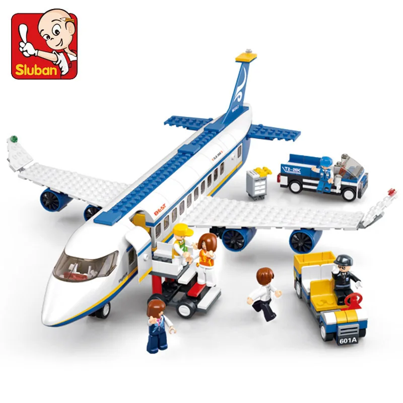 SLUBAN-Juego de bloques de construcción modelo MOC para niños, juguete de construcción con figuras clásicas de avión, Avión de aviación, autobús, ciudad