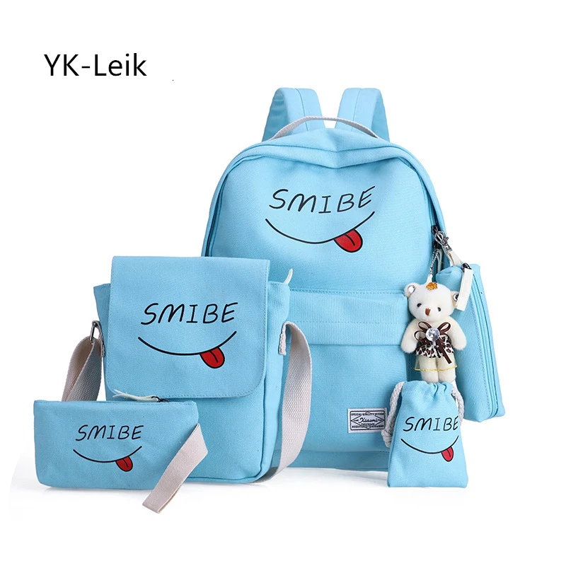 5pcs/set Korean version Smiley expression backpacks Canvas School bag for teen girls Women casual travel backpack Shoulder Bag