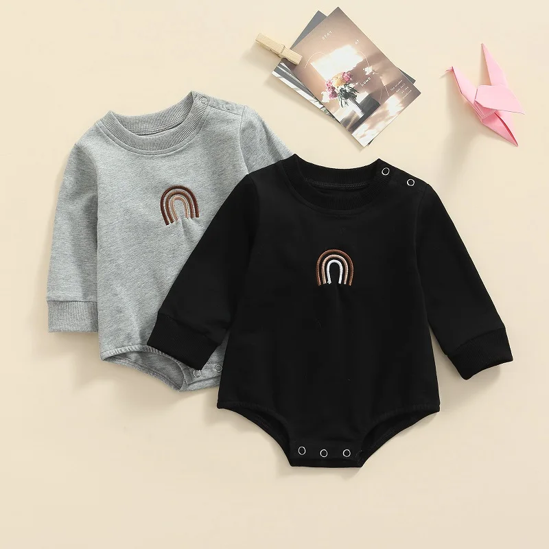 

Autumn Causal Infant Baby Girls Boys Rompers Rainbow Embroidery Printed Long Sleeve Button Jumpsuits 0-18M 2 Colors