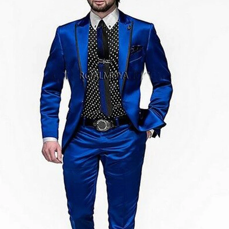 Esmoquin de boda de 2 piezas para novio, traje ajustado de satén azul real, chaqueta con pantalones, traje de solapa con visera
