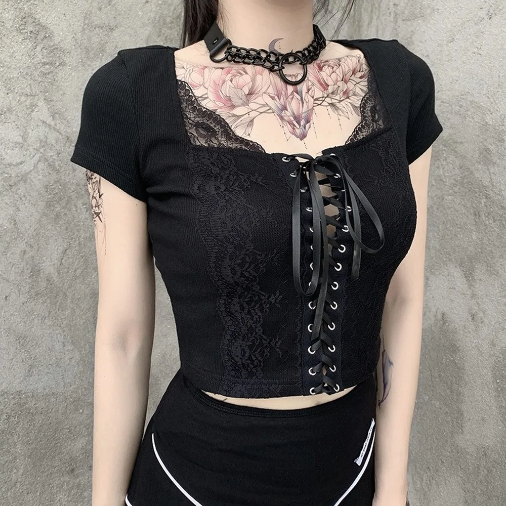 Короткий кружевной топ для женщин однотонная Готическая футболка с коротким