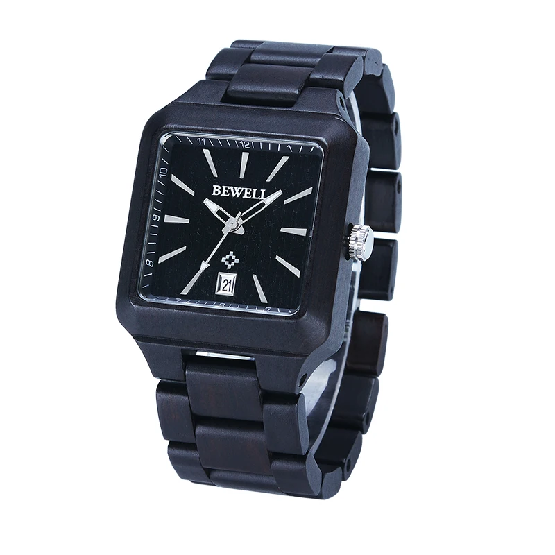 BEWELL Деревянные часы Мужские кварцевые Часы квадратный циферблат Календари Colck