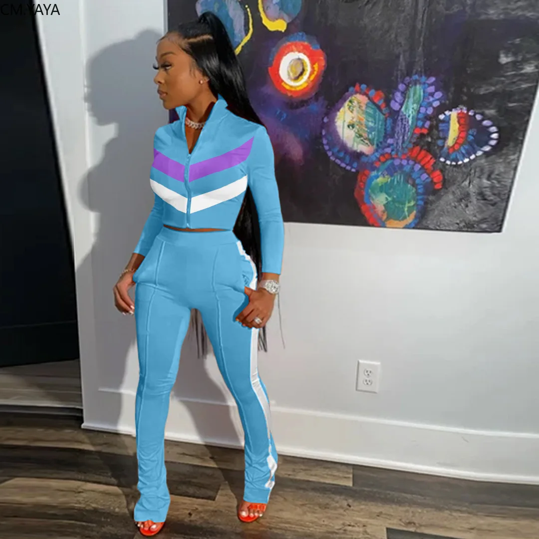 CM.YAYA Active Wear Patchwork Women's Set Zipper Up Sweatshirts Flare Jogger Pants Suit Sport Tracksuit Two Piece Outfits |