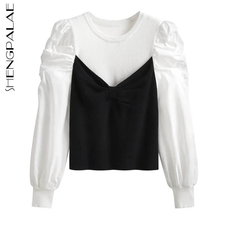 

SHENGPALAE Мода поддельные два Pec трикотажные пуловеры для женщин осень 2021 новый черный белый цвет круглый вырез с пышными рукавами свитер женск...