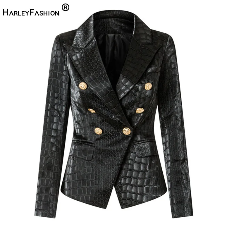 Unique Designing Animal Crocodile Pattern Leather Black Blazer for Women Double Breasted Buttons Luxurious PU Street Jackets