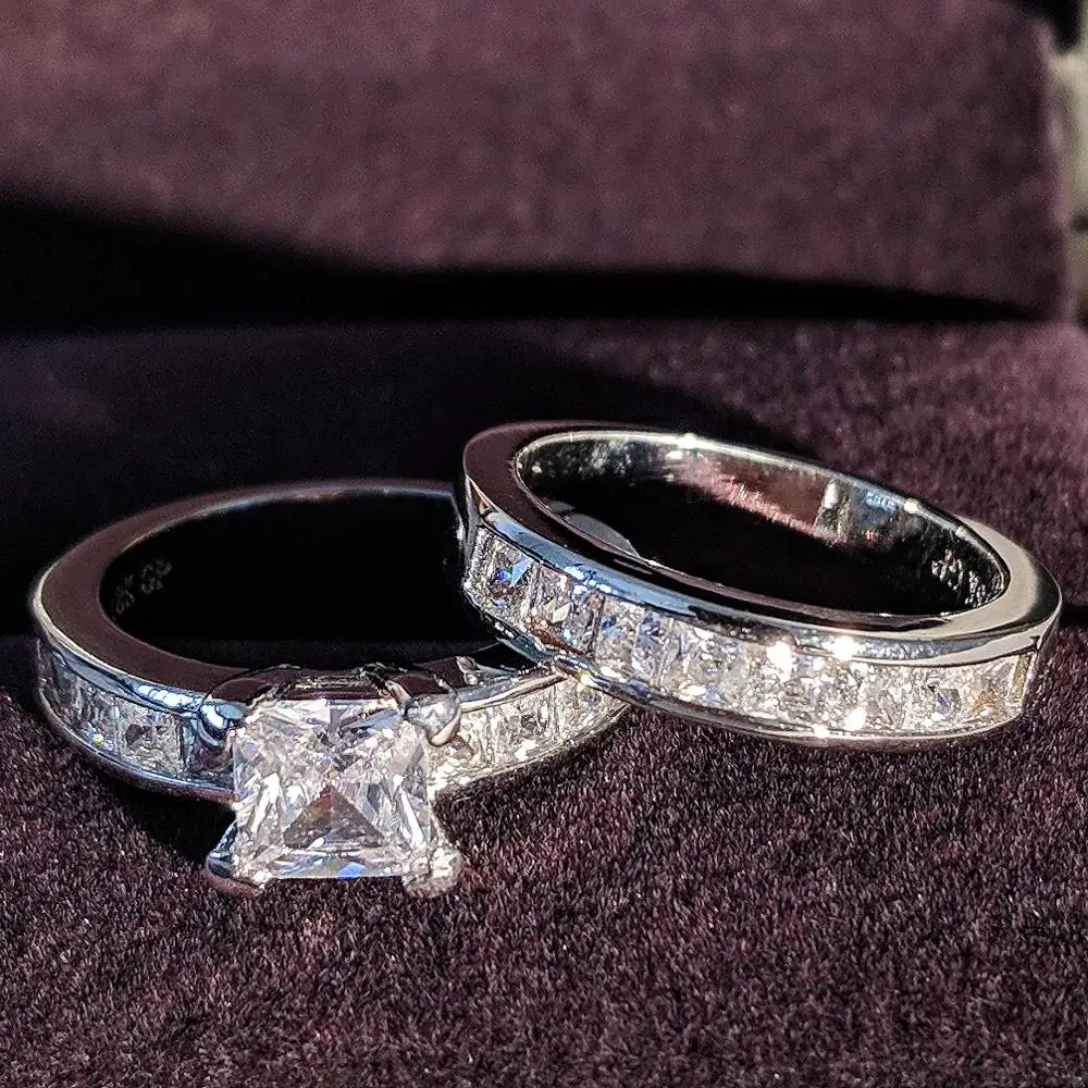 Огранка Принцесса фианит 925 стерлингового серебра обручальные кольца наборы для