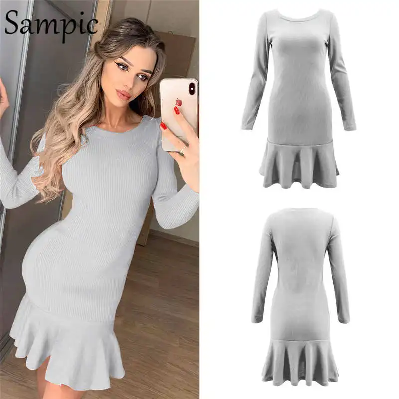 Light Gray Sampic женское облегающее Круглая горловина вечерние зимнее платье элегантный оборками обернуть клуб осеннее платье с длинными рукавами - Цвет: Light Gray