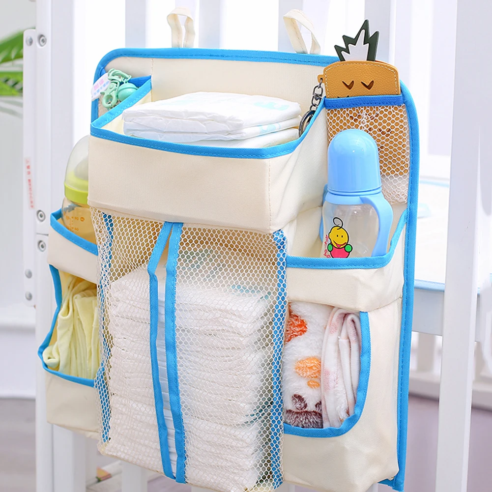 

Baby Bed Hanging Storage Bag Toy Diapers Pocket Portable Bedside Table Infant Bedding Organizer Blue Edge