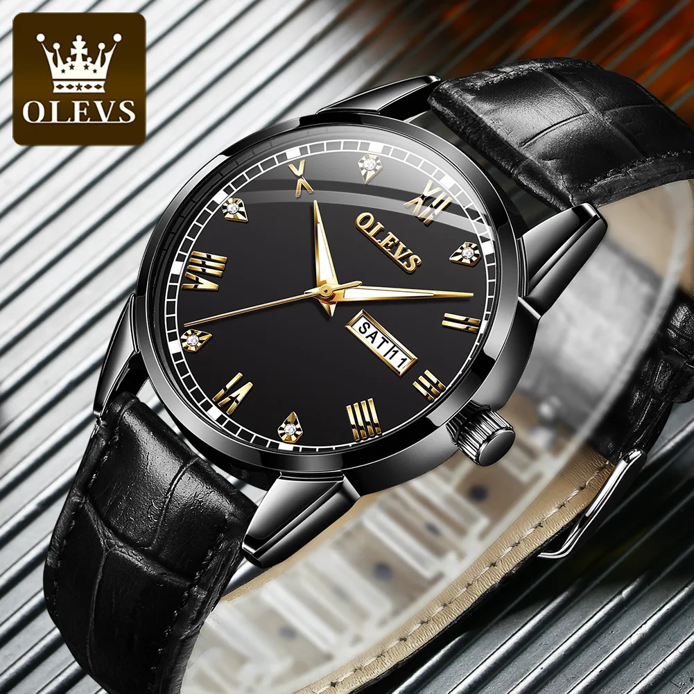 

OLEVS Brand Waterproof Great Quality Dual Calendar Men Wristwatch Quartz Fashion Genuine Leather Strap Watches Men's Luminous