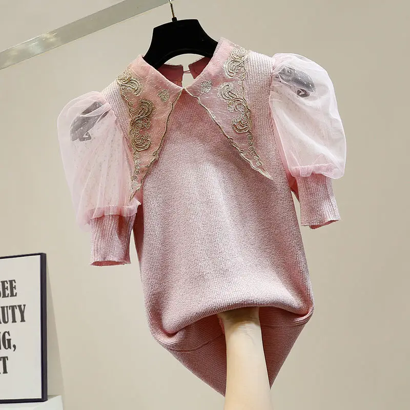 

Женская винтажная трикотажная Футболка с рукавами-фонариками и отложным воротником