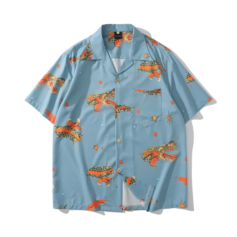 Рубашка мужская с принтом китайского дракона модная блузка коротким рукавом