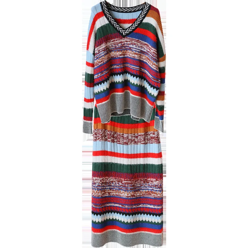 

Elegant Striped Knitted Two Piece Set Women Clothes 2020 Fashion Autumn Winter Pullover Elastic Waist Loose Skirt Set