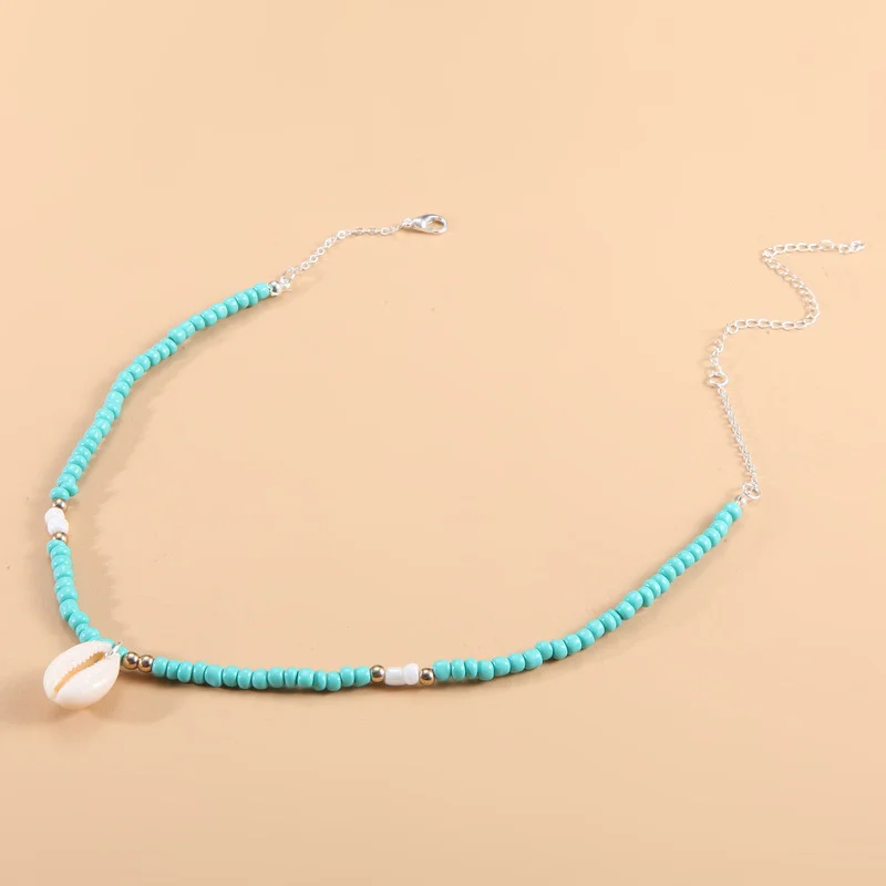 

Bohemian Turquoise Rice Beads Conch Shell Short Choker Necklace Crystal Beads Chains Collar Necklace Fashion Women Punk Jewelry