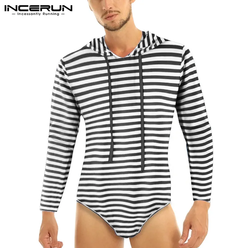 

INCERUN Fashion Men Striped Bodysuit T Shirts Long Sleeve Hooded Rompers Tops Man Sexy Fitness T-shirts Leisure Camisetas S-5XL7