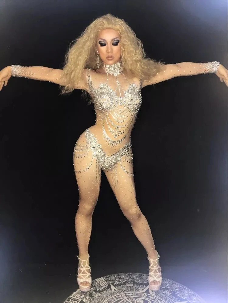 Блестящие кристаллы телесный комбинезон стрейч камни наряд для празднования