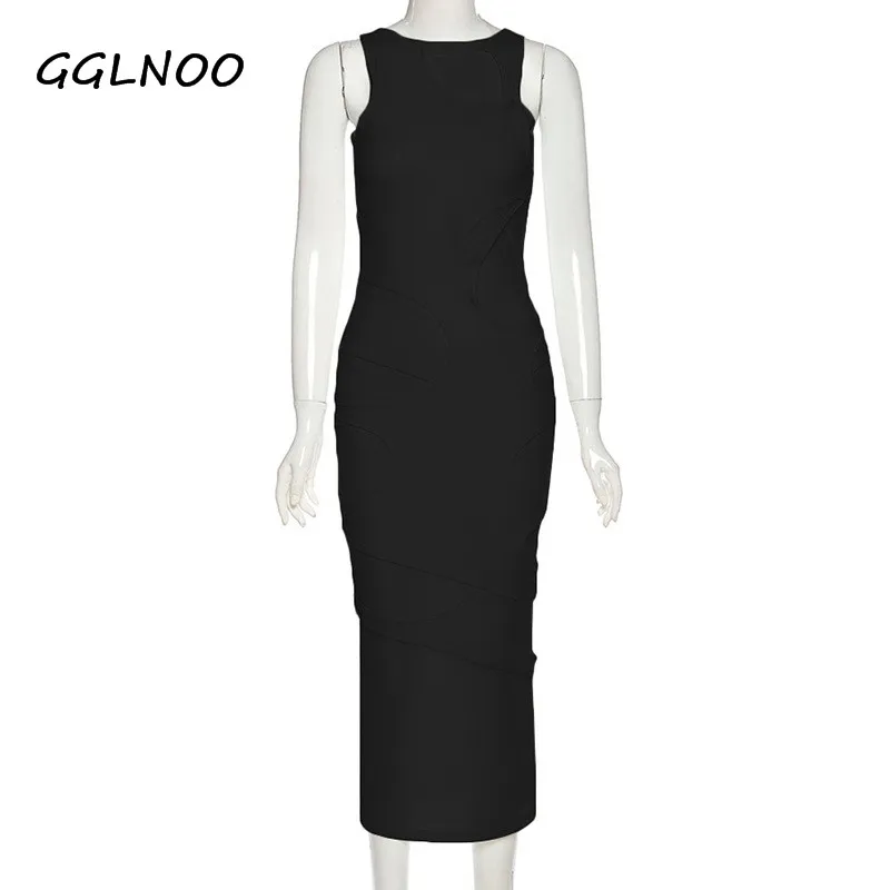 

GGLNOO 2021 Sleeveless O-Neck Solid Patchwork Mesh Maxi Dress Autumn Winter Women Sexy Party Club Elegant Clthings GG23118