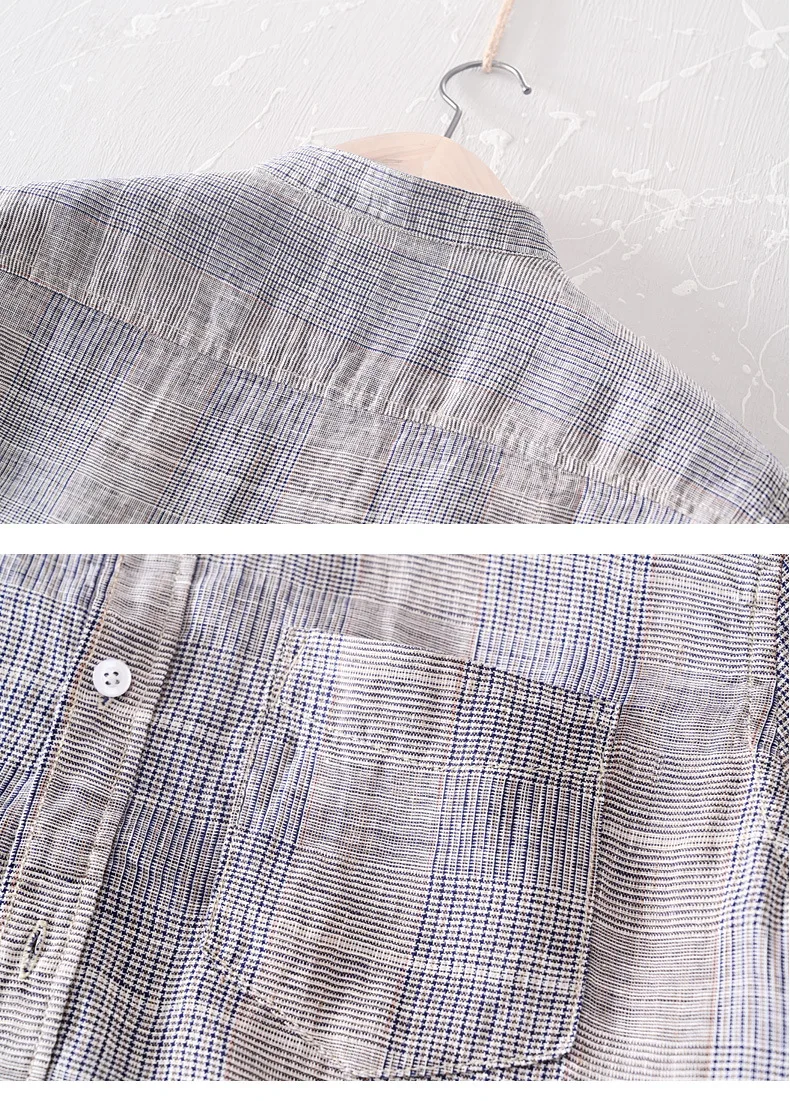 

2021 men's pure linen stripe shirts with pocket stand collar long sleeve casual men blue pink Yarn-dyed breathable shirt