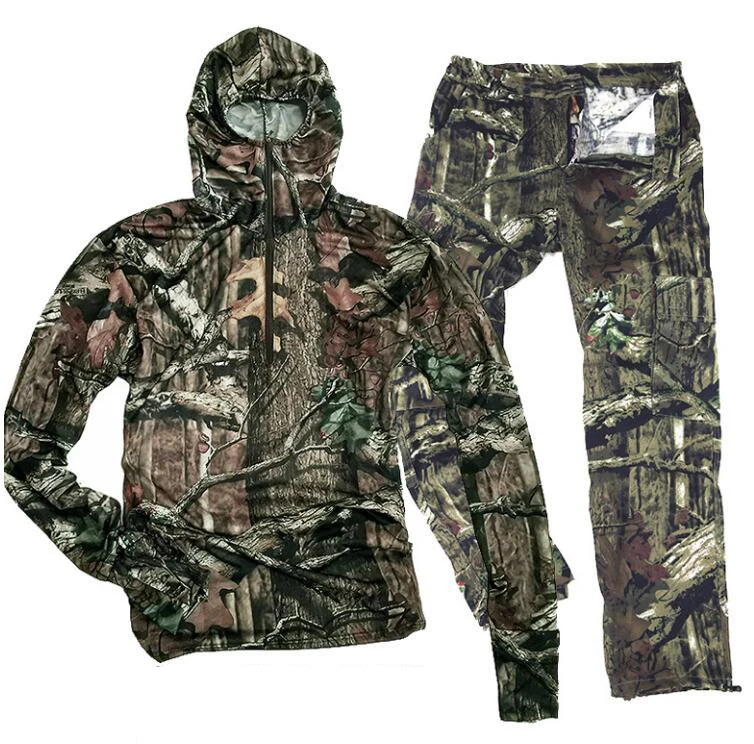 

Cotton Breathable Bionic Camouflage Long Sleeve T-Shirt Pants Set Men Women Hunting Fishing Hiking Hooded T-Shirt Ghillie Suits