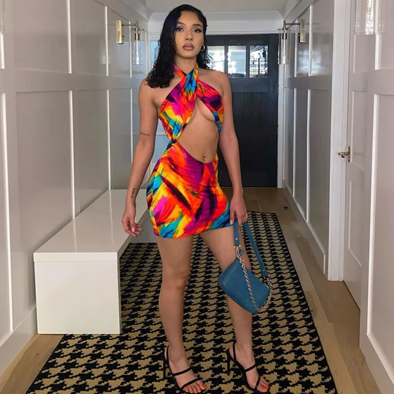 

Summer new 2021 print lace hollow-out navel sexy back short women's dress