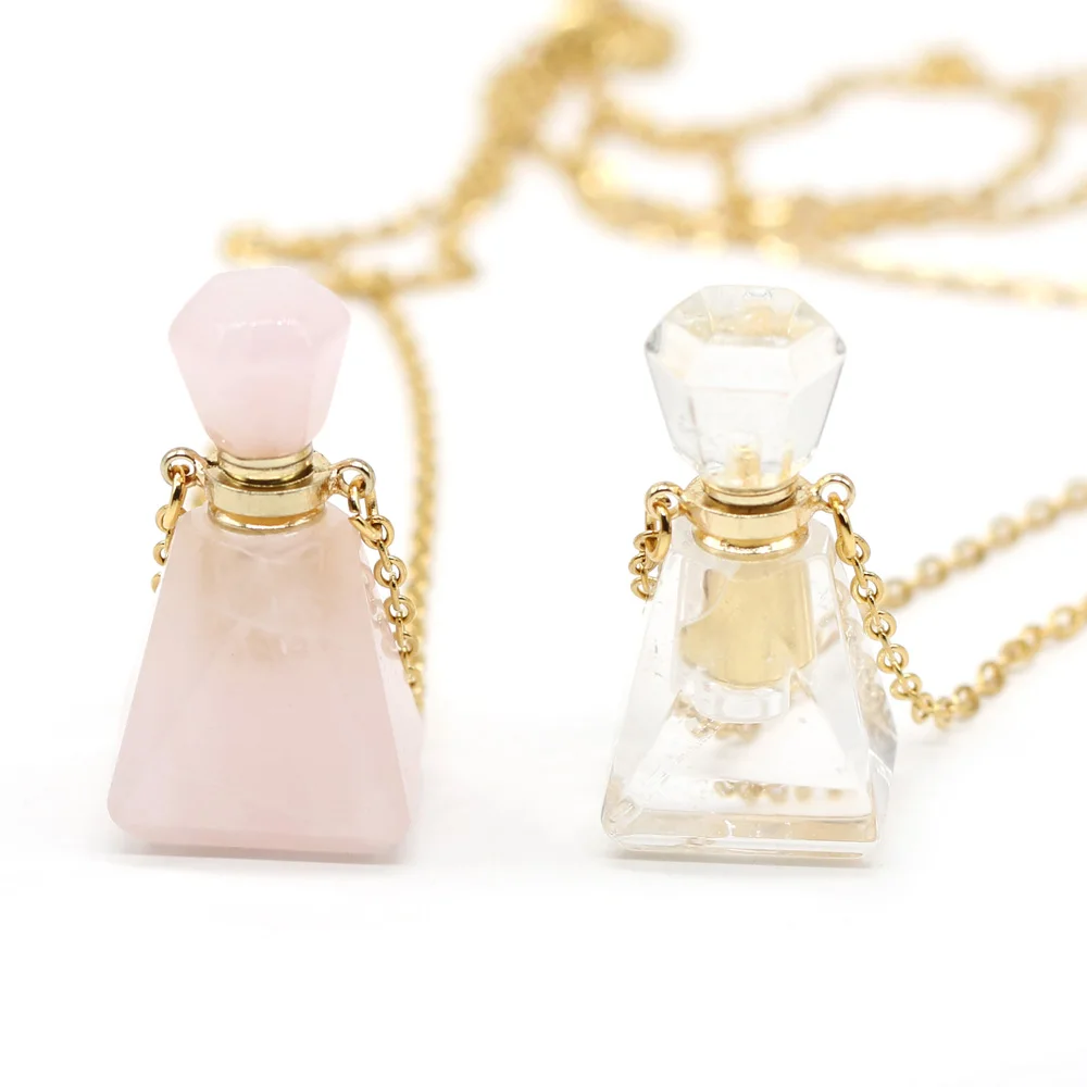 

Natural Stone White Crystal Rose Quartz Pendant Necklace Women Perfume Bottle Neck Chain for Love Wedding Jewelry Gifts