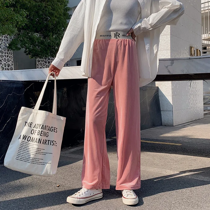 

Pleuche Female Korean Girls Street Trendy Solid Color Wide Legs Pants High Waist Loose Casual Wild Straight Mopping Pants