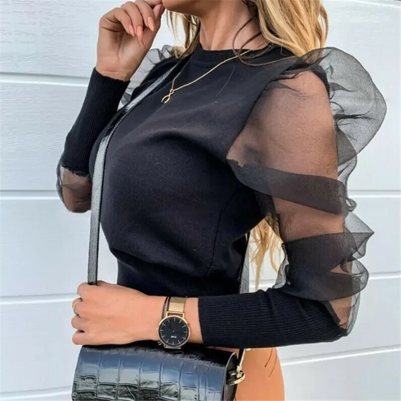 

Women's Solid Color White Black Sheer Mesh Blouse Long Puff Sleeve Shirt Tops Slim Fit Casual Blouse Female Blusas Fashion Shirt