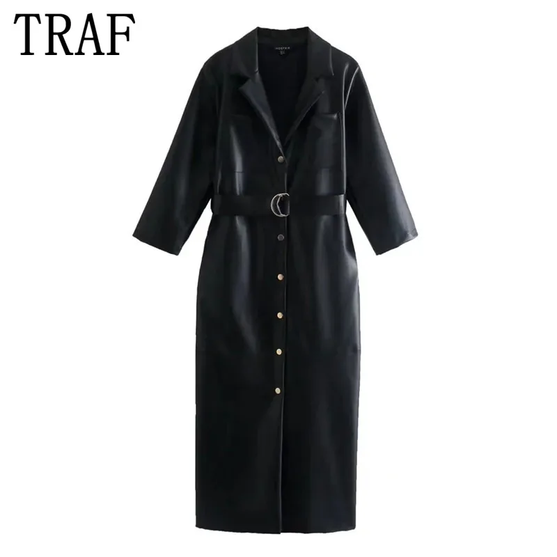 

Платье-рубашка траф Za из искусственной кожи, женские черные длинные платья для женщин, винтажные вечерние платья, элегантное платье миди на ...