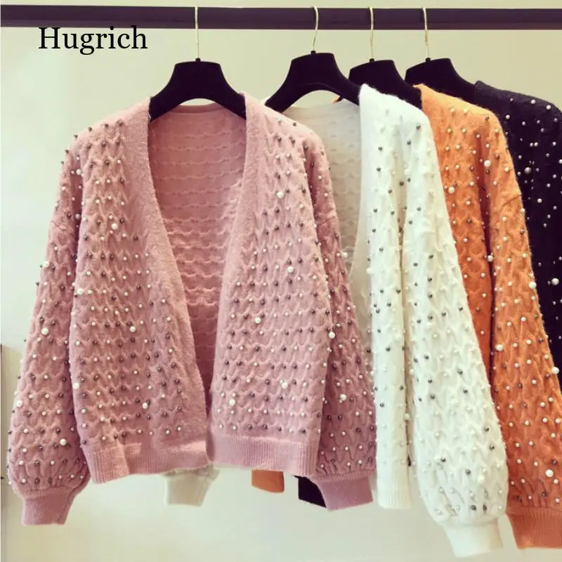 

Handmade Pearls Beaded Sweater Coat Women's Autumn Winter V-Neck Loose Retro OL Jacket Knit Cardigan Knitwear Crop Tops Sueter