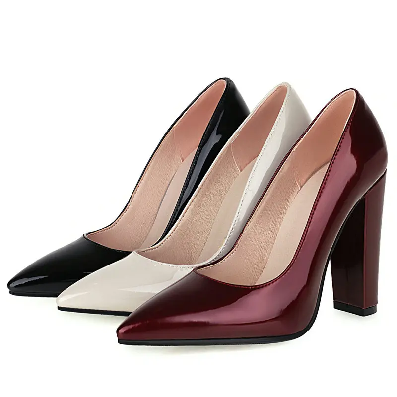 

Женские туфли-лодочки из лакированной кожи, на высоком устойчивом каблуке, без застежки, с острым носком, весна-осень 2021