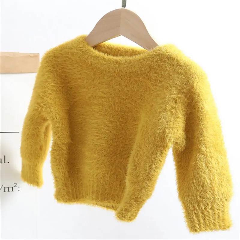 

Toddler Kids Girls Autumn Winter Solid Sweater Long Sleeve Round Neck Artificial Mink Hair Thicken Warm Sweater Pullover Top