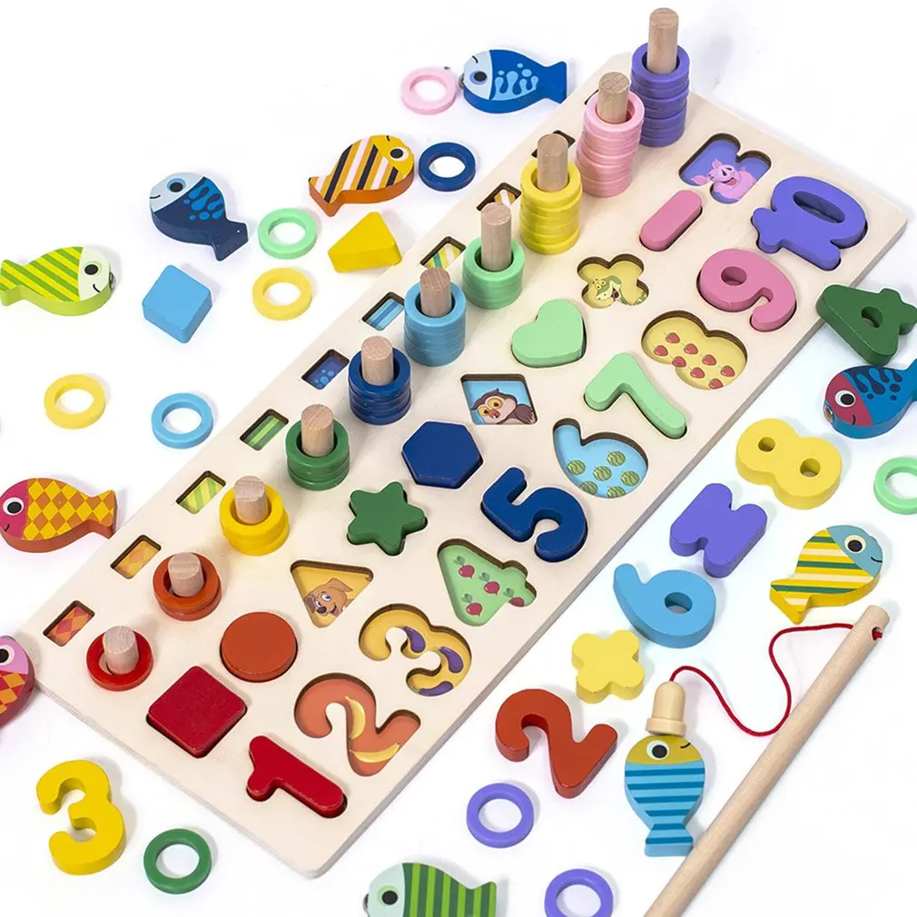 

Деревянные развивающие игрушки Монтессори для детей, доска, математическое число рыболовных счетчиков, подходящая Цифровая форма, подходя...