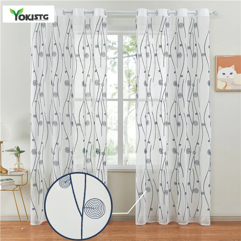 Embroidered Sheer Curtains For Living Room Bedroom Abstract Pattern Tulles for Kitchen Window Treatment Drapes Home Decor Custom