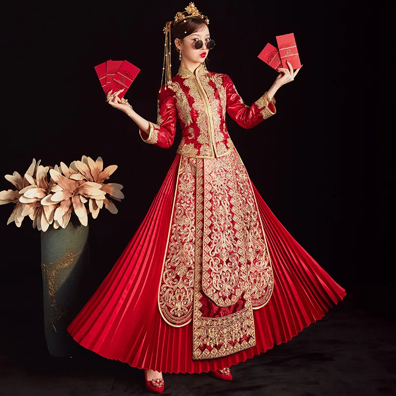

Свадебное платье невесты в китайском стиле, Роскошный старинный элегантный красный комплект с вышивкой для свадьбы, Восточный чонсам