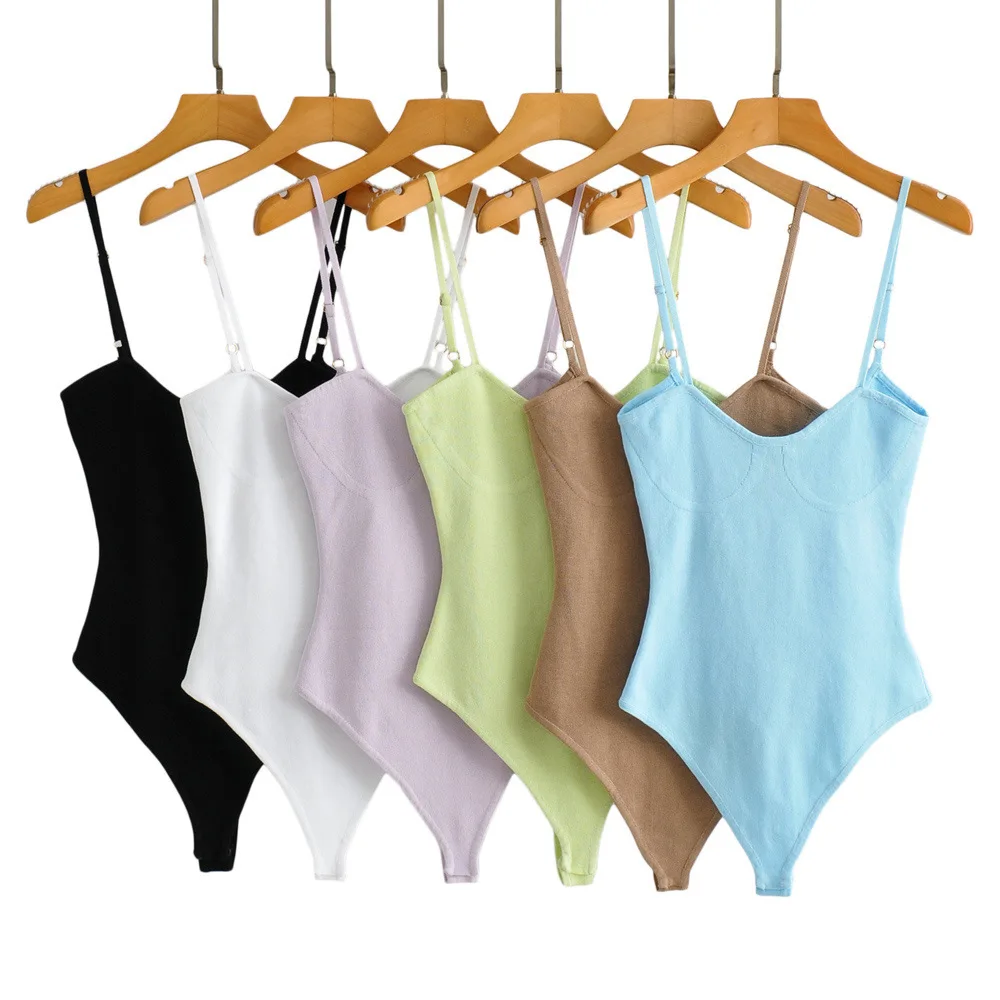 

Knitted Bodysuit sexy petal collar elastic big leak back solid color backing comfortable suspender Jumpsuit