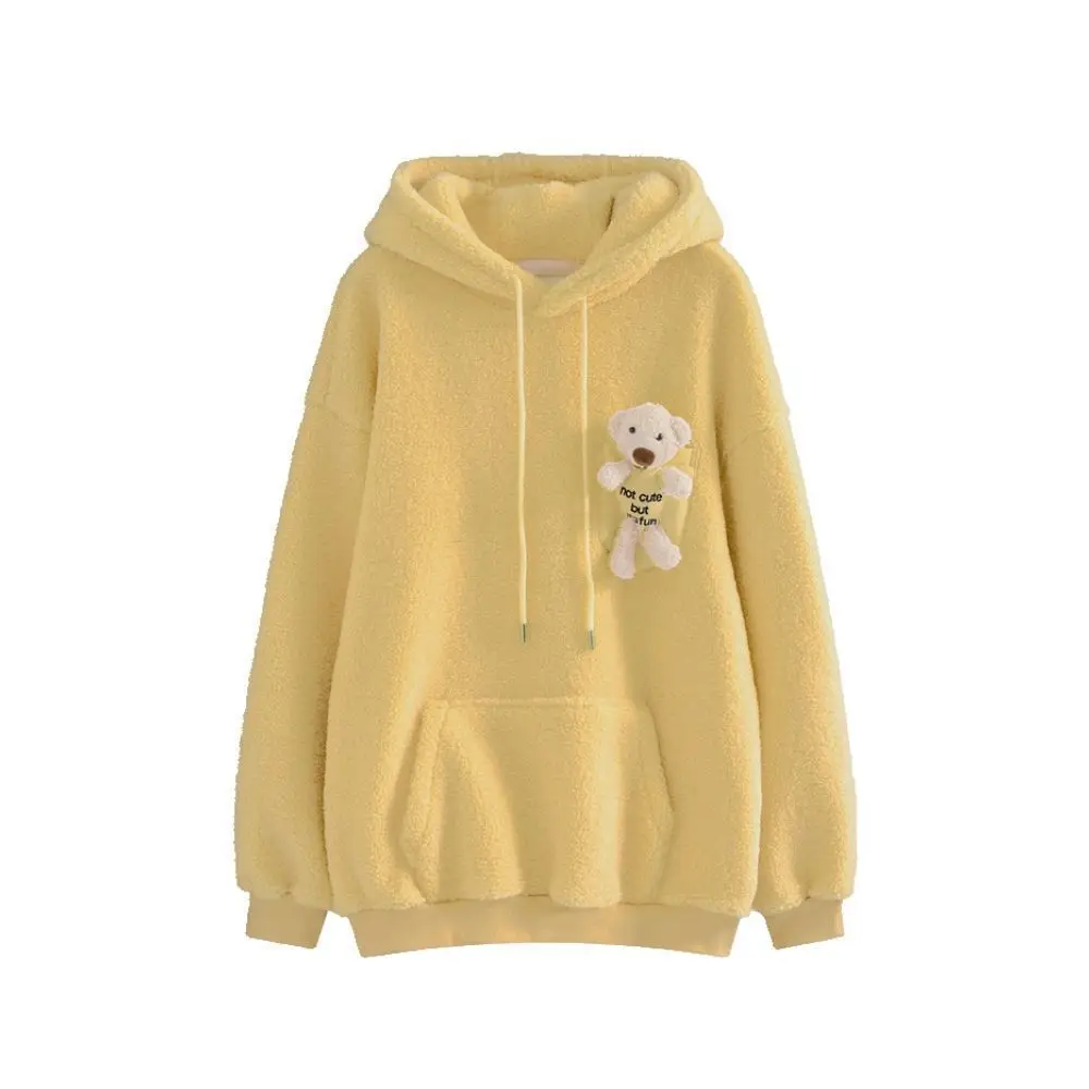 

Lamb wool sweater women's Plush thickened autumn and winter new hooded loose medium length jacket